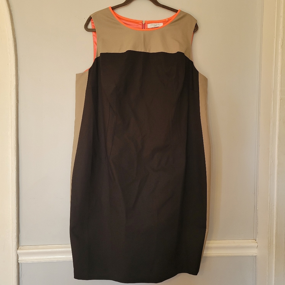 Tahari Woman Midi Sheath Dress Sleeveless‎ Colorblock Grey Black Plus Size 20